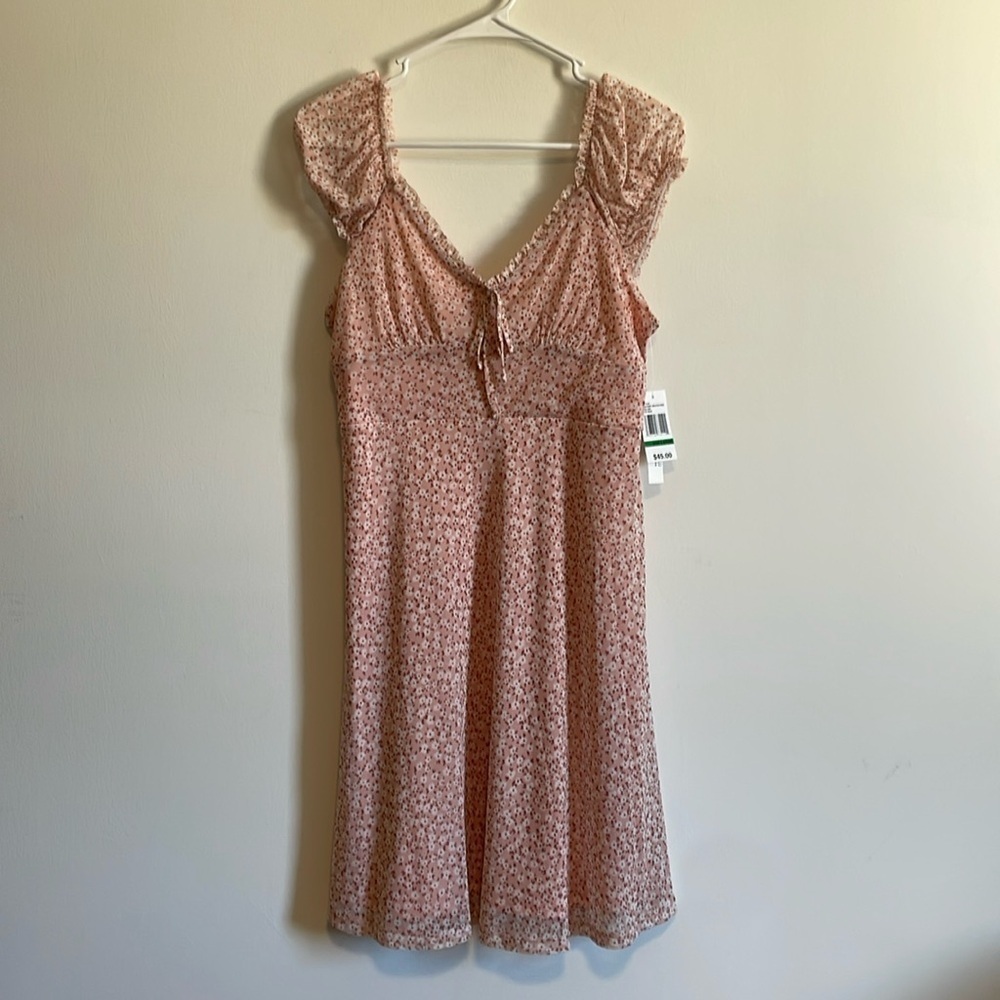 NWT Wallflower Micro Floral Dress Large Pink Babydoll Semi Sheer Bow Smocked